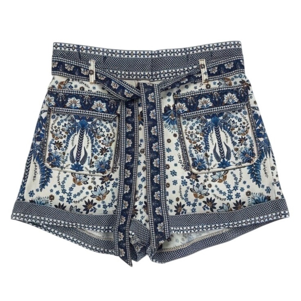 Farm Rio Mosaic Tile High Waist Belted Cotton Shorts US 31 EUC Boho Retro
